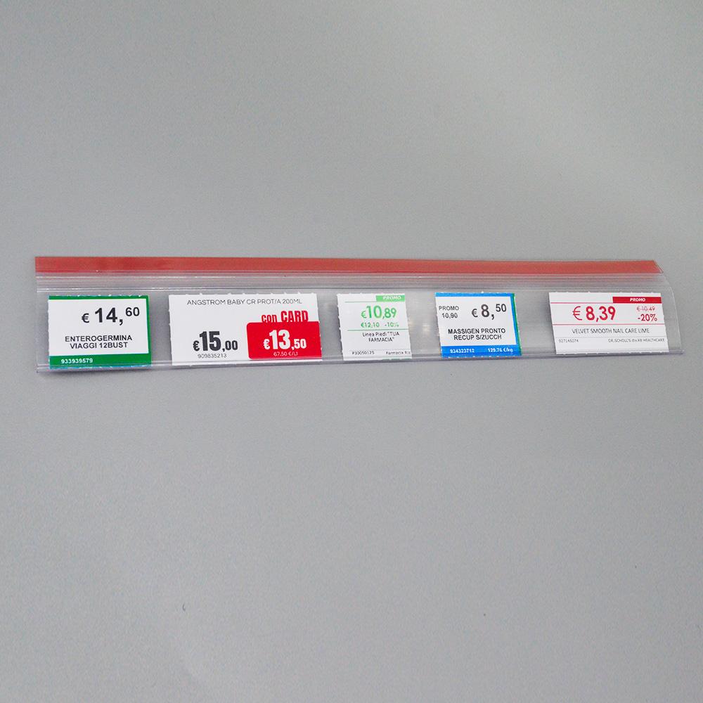 Profilo adesivo basculante porta-etichette h 3 cm per mensole in vetro 25 pz
